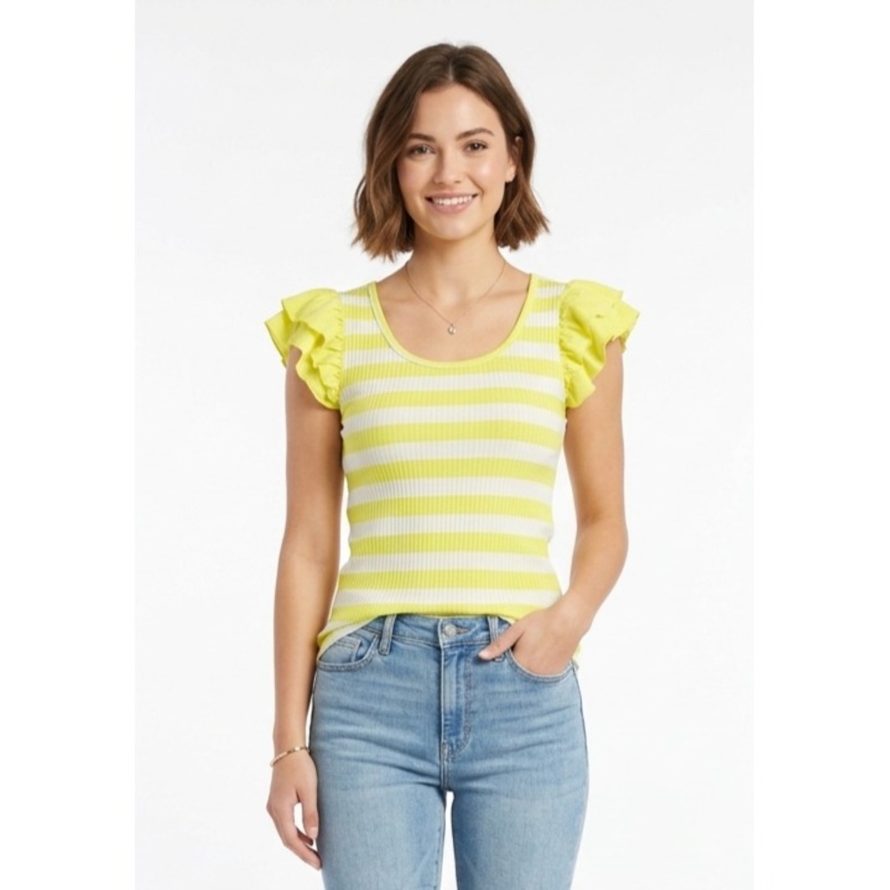NWT Anthropologie T.La T-Shirt Womens S Yellow Striped Ribbed Flutter Sleeve